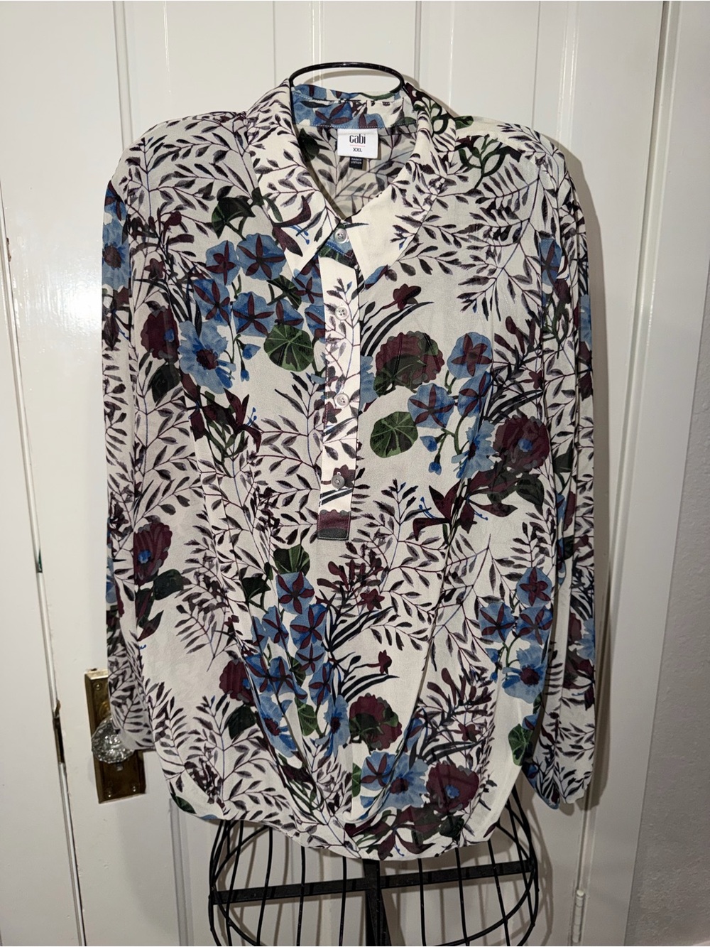 CAbi Floral Button-Down Shirt in Ivory with Blue, Green & Burgundy Print